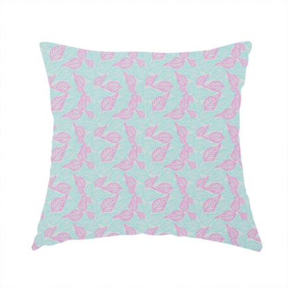 The fabric used to create this handmade cushion is a dense, seamless repeating botanical pattern featuring delicate outlines of leaves in contrasting shades of pink and light turquoise.