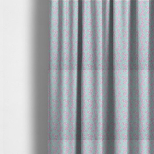 The fabric used to create these made-to-measure curtains is a dense, seamless repeating botanical pattern featuring delicate outlines of leaves in contrasting shades of pink and light turquoise.