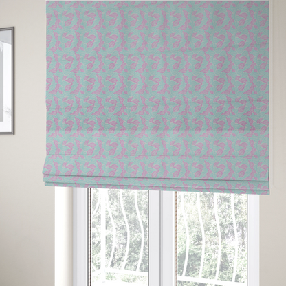 The fabric used to create these Roman blinds is a dense, seamless repeating botanical pattern featuring delicate outlines of leaves in contrasting shades of pink and light turquoise.