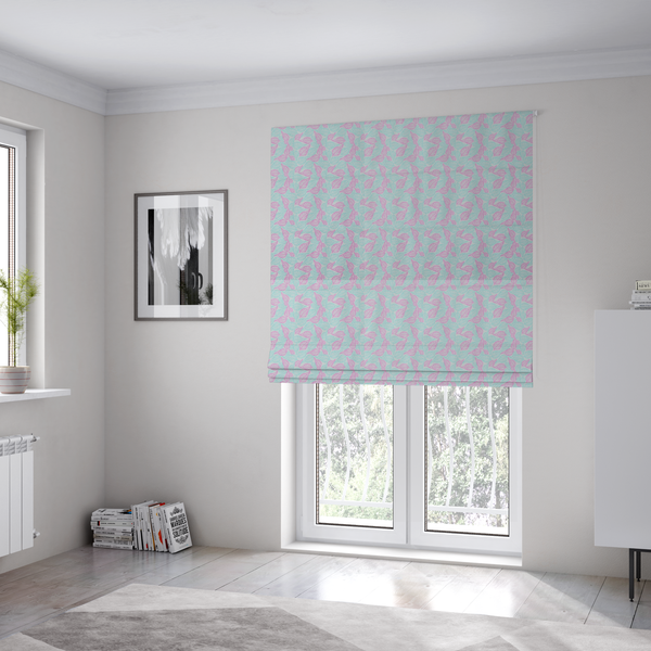The fabric used to create these Roman blinds is a dense, seamless repeating botanical pattern featuring delicate outlines of leaves in contrasting shades of pink and light turquoise.