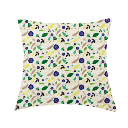 The fabric used to create this handmade cushion is a charming, small-scale botanical pattern featuring a scattered assortment of blue flowers, green leaves, twigs, and feathers on a light off-white background with a textured linen weave appearance.