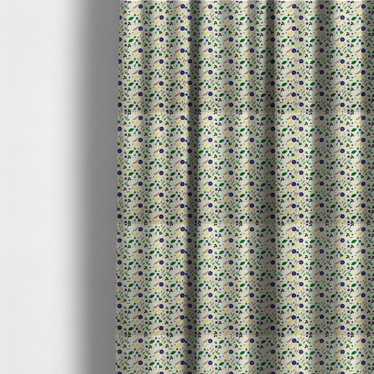 The fabric used to create these made-to-measure curtains is a charming, small-scale botanical pattern featuring a scattered assortment of blue flowers, green leaves, twigs, and feathers on a light off-white background with a textured linen weave appearance.