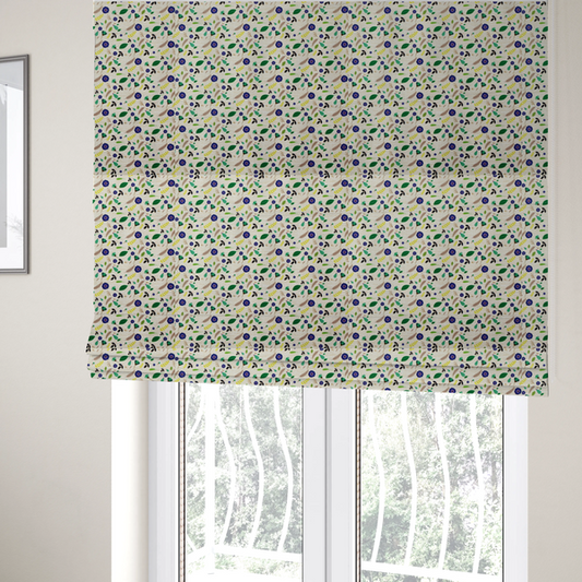 The fabric used to create these Roman blinds is a charming, small-scale botanical pattern featuring a scattered assortment of blue flowers, green leaves, twigs, and feathers on a light off-white background with a textured linen weave appearance.