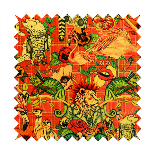 A busy, maximalist vintage-style fabric featuring a vibrant orange plaid background densely patterned with rock-and-roll animals in leather jackets and punk-inspired motifs, including cockatoos, flamingos, chameleons, a lion with a mohawk, meerkats, and lemurs intertwined with large flowers like poppies and pansies.