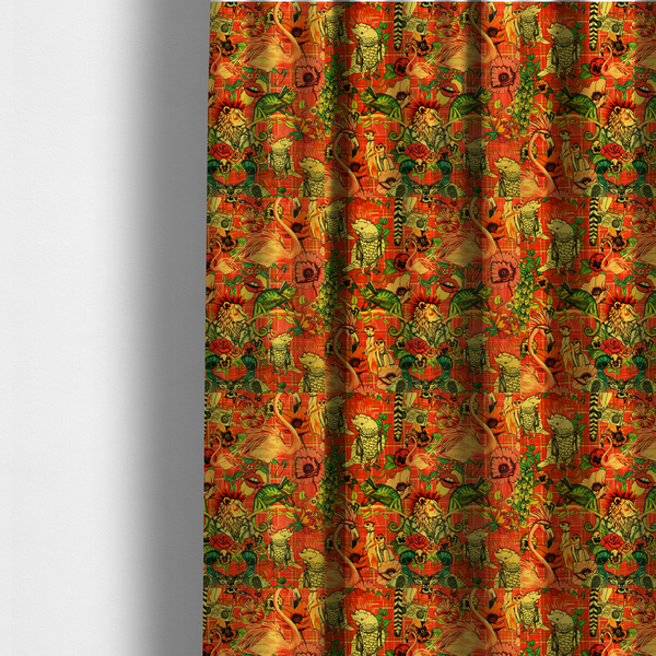 The fabric used to create these made-to-measure curtains is a busy, maximalist vintage-style fabric featuring a vibrant orange plaid background densely patterned with rock-and-roll animals in leather jackets and punk-inspired motifs, including cockatoos, flamingos, chameleons, a lion with a mohawk, meerkats, and lemurs intertwined with large flowers like poppies and pansies.