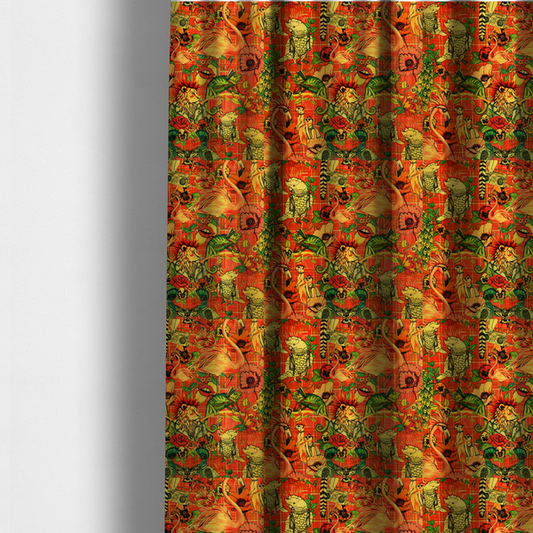 The fabric used to create these made-to-measure curtains is a busy, maximalist vintage-style fabric featuring a vibrant orange plaid background densely patterned with rock-and-roll animals in leather jackets and punk-inspired motifs, including cockatoos, flamingos, chameleons, a lion with a mohawk, meerkats, and lemurs intertwined with large flowers like poppies and pansies.