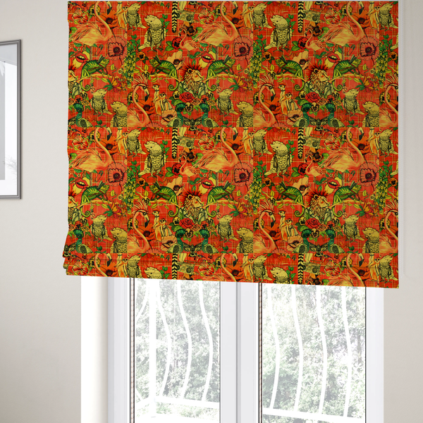 The fabric used to create these Roman blinds is a busy, maximalist vintage-style fabric featuring a vibrant orange plaid background densely patterned with rock-and-roll animals in leather jackets and punk-inspired motifs, including cockatoos, flamingos, chameleons, a lion with a mohawk, meerkats, and lemurs intertwined with large flowers like poppies and pansies.