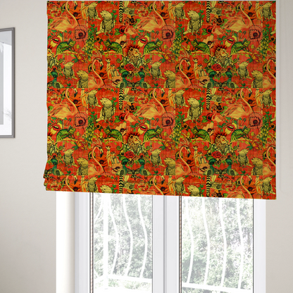 The fabric used to create these Roman blinds is a busy, maximalist vintage-style fabric featuring a vibrant orange plaid background densely patterned with rock-and-roll animals in leather jackets and punk-inspired motifs, including cockatoos, flamingos, chameleons, a lion with a mohawk, meerkats, and lemurs intertwined with large flowers like poppies and pansies.