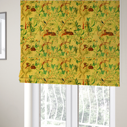 The fabric used to create these Roman blinds is a vibrant yellow fabric featuring a dense tropical jungle pattern with tigers lounging on branches, toucans, herons, monkeys, and lush green foliage.   