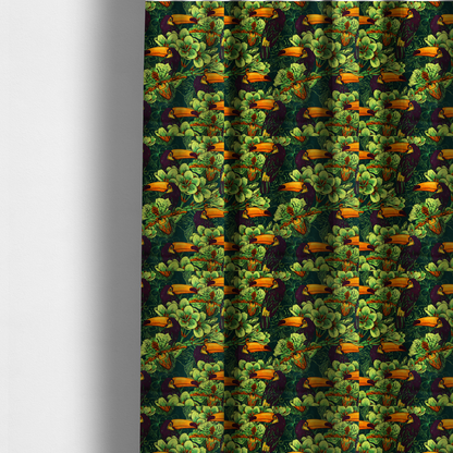 The fabric used to create these made-to-measure curtains is a dark green fabric densely patterned with toucans featuring large orange-and-yellow beaks, surrounded by glowing light green and orange tropical flowers.   