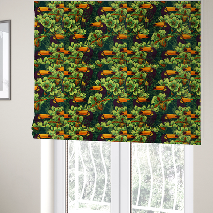 The fabric used to create these Roman blinds is a dark green fabric densely patterned with toucans featuring large orange-and-yellow beaks, surrounded by glowing light green and orange tropical flowers.   