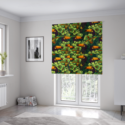 The fabric used to create these Roman blinds is a dark green fabric densely patterned with toucans featuring large orange-and-yellow beaks, surrounded by glowing light green and orange tropical flowers.   