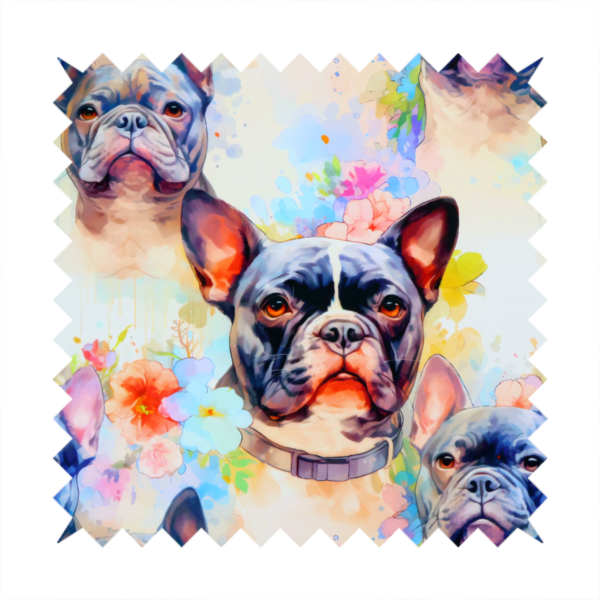A watercolour-style fabric pattern featuring repeated portraits of French Bulldogs surrounded by soft, pastel splashes of flowers and abstract colour.   