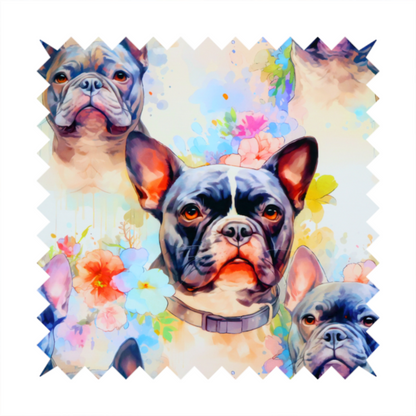 A watercolour-style fabric pattern featuring repeated portraits of French Bulldogs surrounded by soft, pastel splashes of flowers and abstract colour.   