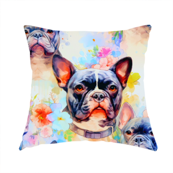 The fabric used to create this handmade cushion is a watercolour-style fabric pattern featuring repeated portraits of French Bulldogs surrounded by soft, pastel splashes of flowers and abstract colour.   