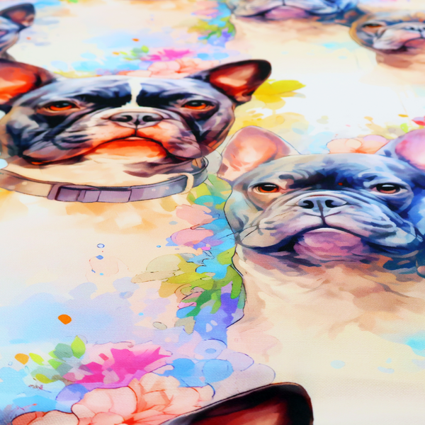 A watercolour-style fabric pattern featuring repeated portraits of French Bulldogs surrounded by soft, pastel splashes of flowers and abstract colour.   