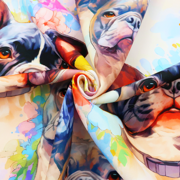 A watercolour-style fabric pattern featuring repeated portraits of French Bulldogs surrounded by soft, pastel splashes of flowers and abstract colour.   