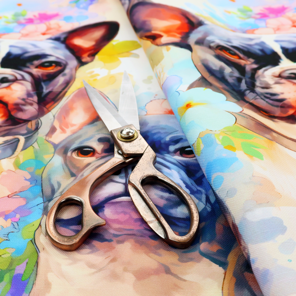 A watercolour-style fabric pattern featuring repeated portraits of French Bulldogs surrounded by soft, pastel splashes of flowers and abstract colour.   