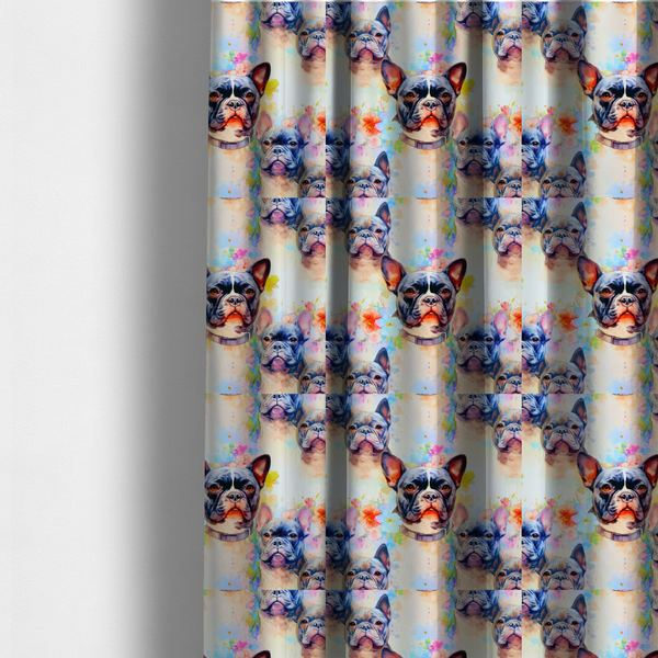 The fabric used to create these made-to-measure curtains is a watercolour-style fabric pattern featuring repeated portraits of French Bulldogs surrounded by soft, pastel splashes of flowers and abstract colour.   