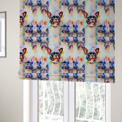 The fabric used to create these Roman blinds is a watercolour-style fabric pattern featuring repeated portraits of French Bulldogs surrounded by soft, pastel splashes of flowers and abstract colour.   