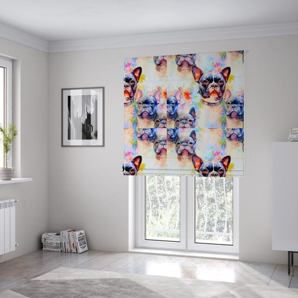 The fabric used to create these Roman blinds is a watercolour-style fabric pattern featuring repeated portraits of French Bulldogs surrounded by soft, pastel splashes of flowers and abstract colour.   