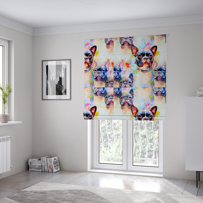 The fabric used to create these Roman blinds is a watercolour-style fabric pattern featuring repeated portraits of French Bulldogs surrounded by soft, pastel splashes of flowers and abstract colour.   