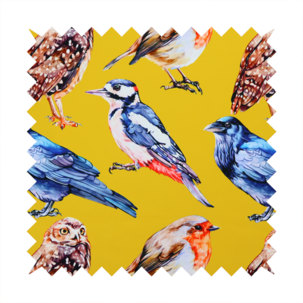 A vibrant yellow fabric patterned with a repeat design of various illustrated birds, including owls, robins, woodpeckers, and bluebirds