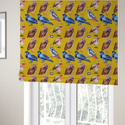 The fabric used to create these Roman blinds is a vibrant yellow fabric patterned with a repeat design of various illustrated birds, including owls, robins, woodpeckers, and bluebirds