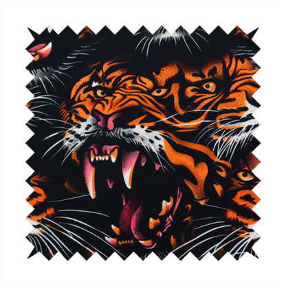 A dark patterned fabric featuring an aggressive, repeated motif of roaring tigers with bared fangs, detailed in vibrant orange, white, and pink against a black background.   