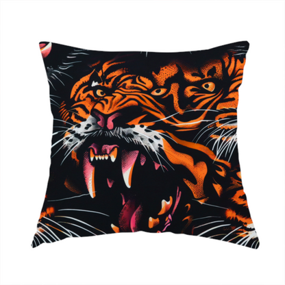 The fabric used to create this handmade cushion is a dark patterned fabric featuring an aggressive, repeated motif of roaring tigers with bared fangs, detailed in vibrant orange, white, and pink against a black background.   