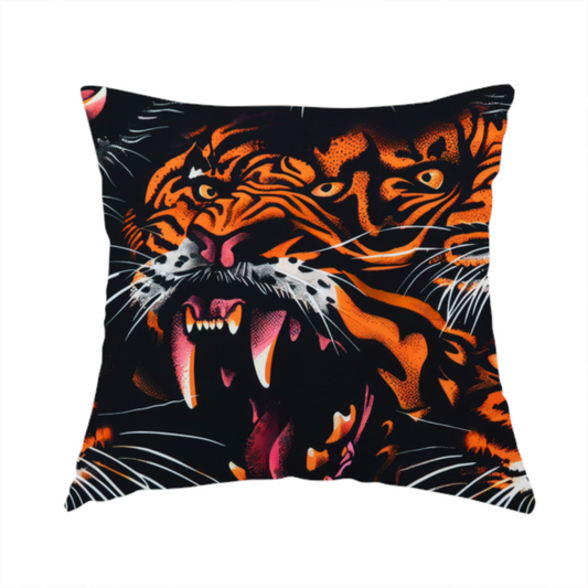 The fabric used to create this handmade cushion is a dark patterned fabric featuring an aggressive, repeated motif of roaring tigers with bared fangs, detailed in vibrant orange, white, and pink against a black background.   
