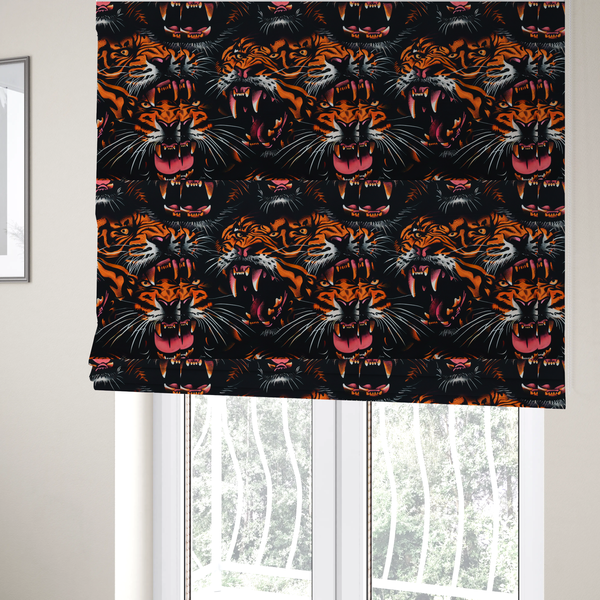 The fabric used to create these Roman blinds is a dark patterned fabric featuring an aggressive, repeated motif of roaring tigers with bared fangs, detailed in vibrant orange, white, and pink against a black background.   