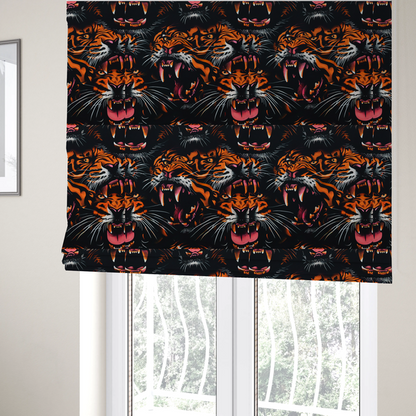 The fabric used to create these Roman blinds is a dark patterned fabric featuring an aggressive, repeated motif of roaring tigers with bared fangs, detailed in vibrant orange, white, and pink against a black background.   