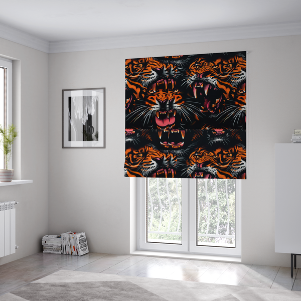 The fabric used to create these Roman blinds is a dark patterned fabric featuring an aggressive, repeated motif of roaring tigers with bared fangs, detailed in vibrant orange, white, and pink against a black background.   