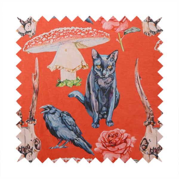 A red fabric patterned with hand-drawn gothic illustrations of black cats, crows, animal skulls, mushrooms, and roses featuring an organic style.