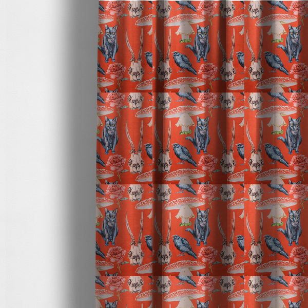 The fabric used to create these made-to-measure curtains is a red fabric patterned with hand-drawn gothic illustrations of black cats, crows, animal skulls, mushrooms, and roses featuring an organic style.