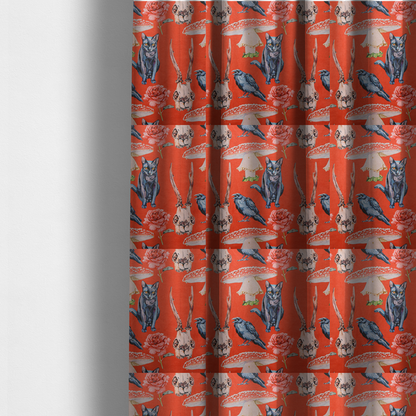 The fabric used to create these made-to-measure curtains is a red fabric patterned with hand-drawn gothic illustrations of black cats, crows, animal skulls, mushrooms, and roses featuring an organic style.