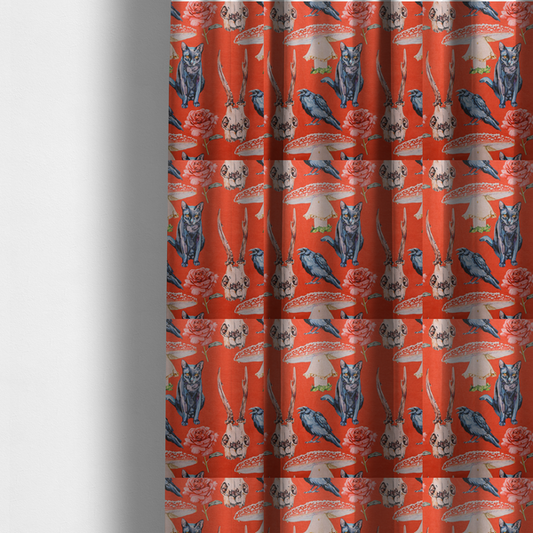 The fabric used to create these made-to-measure curtains is a red fabric patterned with hand-drawn gothic illustrations of black cats, crows, animal skulls, mushrooms, and roses featuring an organic style.