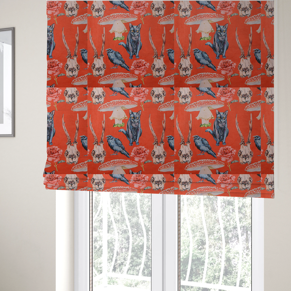 The fabric used to create these Roman blinds is a red fabric patterned with hand-drawn gothic illustrations of black cats, crows, animal skulls, mushrooms, and roses featuring an organic style. 