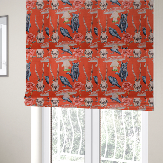 The fabric used to create these Roman blinds is a red fabric patterned with hand-drawn gothic illustrations of black cats, crows, animal skulls, mushrooms, and roses featuring an organic style. 