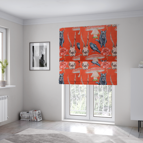 The fabric used to create these Roman blinds is a red fabric patterned with hand-drawn gothic illustrations of black cats, crows, animal skulls, mushrooms, and roses featuring an organic style. 
