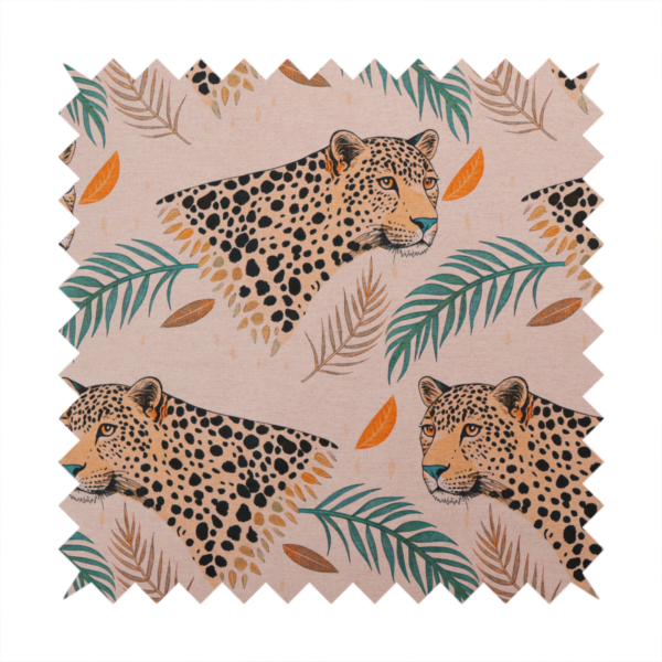 A pink fabric patterned with hand-drawn jungle illustrations of leopards and tropical leaves featuring an organic style.   