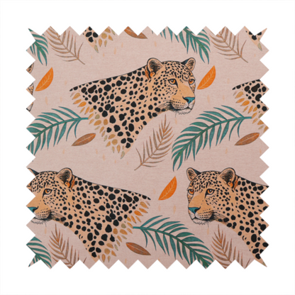 A pink fabric patterned with hand-drawn jungle illustrations of leopards and tropical leaves featuring an organic style.   