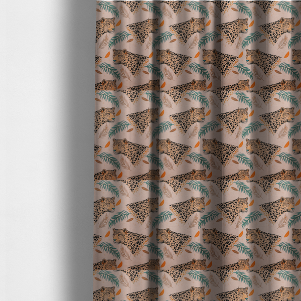The fabric used to create these made-to-measure curtains is a pink fabric patterned with hand-drawn jungle illustrations of leopards and tropical leaves featuring an organic style.   