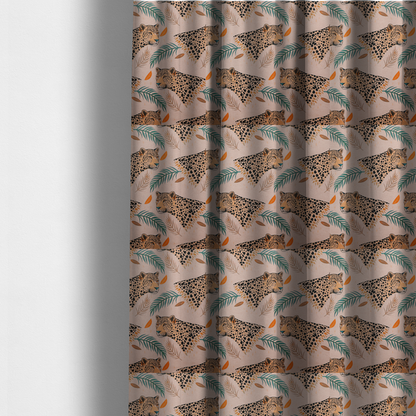 The fabric used to create these made-to-measure curtains is a pink fabric patterned with hand-drawn jungle illustrations of leopards and tropical leaves featuring an organic style.   