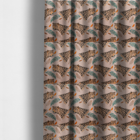 The fabric used to create these made-to-measure curtains is a pink fabric patterned with hand-drawn jungle illustrations of leopards and tropical leaves featuring an organic style.   