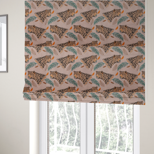 The fabric used to create these Roman blinds is a pink fabric patterned with hand-drawn jungle illustrations of leopards and tropical leaves featuring an organic style.   