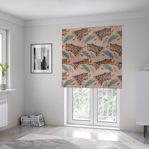 The fabric used to create these Roman blinds is a pink fabric patterned with hand-drawn jungle illustrations of leopards and tropical leaves featuring an organic style.   