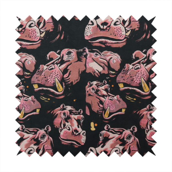 A dark grey fabric patterned with hand-drawn illustrations of hippos featuring an organic style.