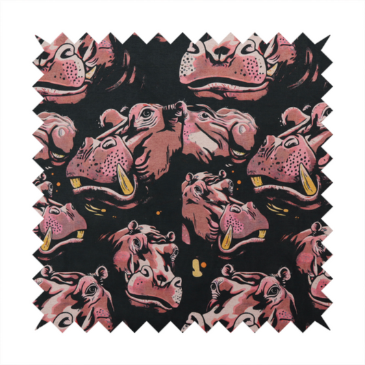 A dark grey fabric patterned with hand-drawn illustrations of hippos featuring an organic style.